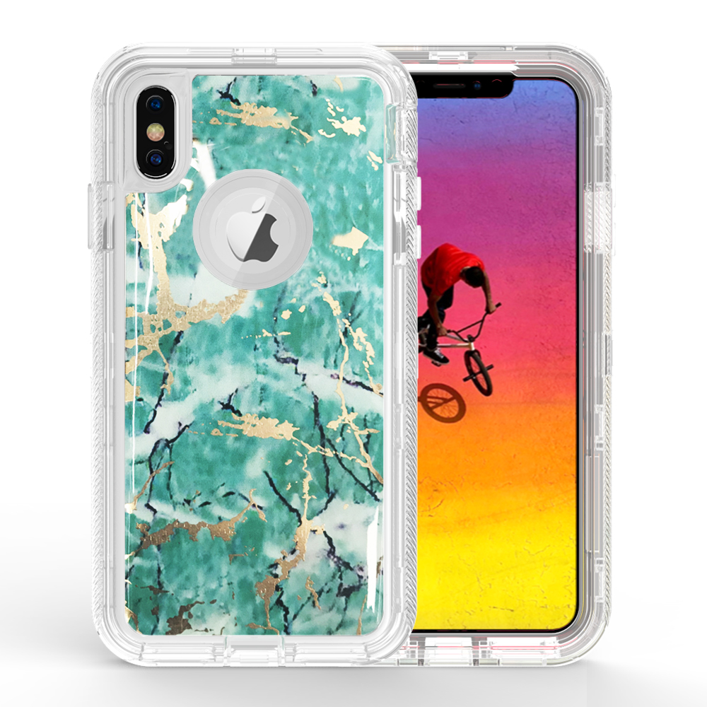 iPHONE Xs Max Marble Design Clear Armor Robot Case (Green)